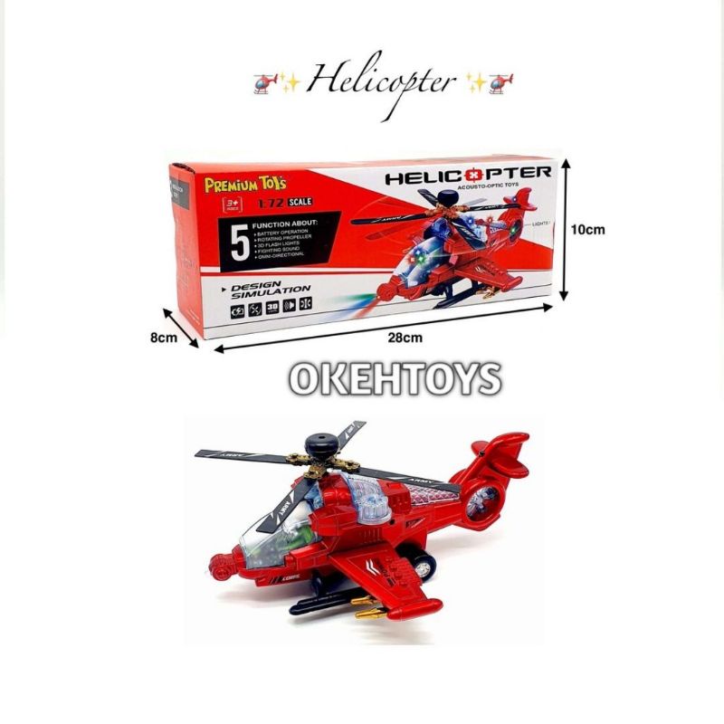 Mainan anak Helikopter army merah nyala lampu music bisa jalan bump and go