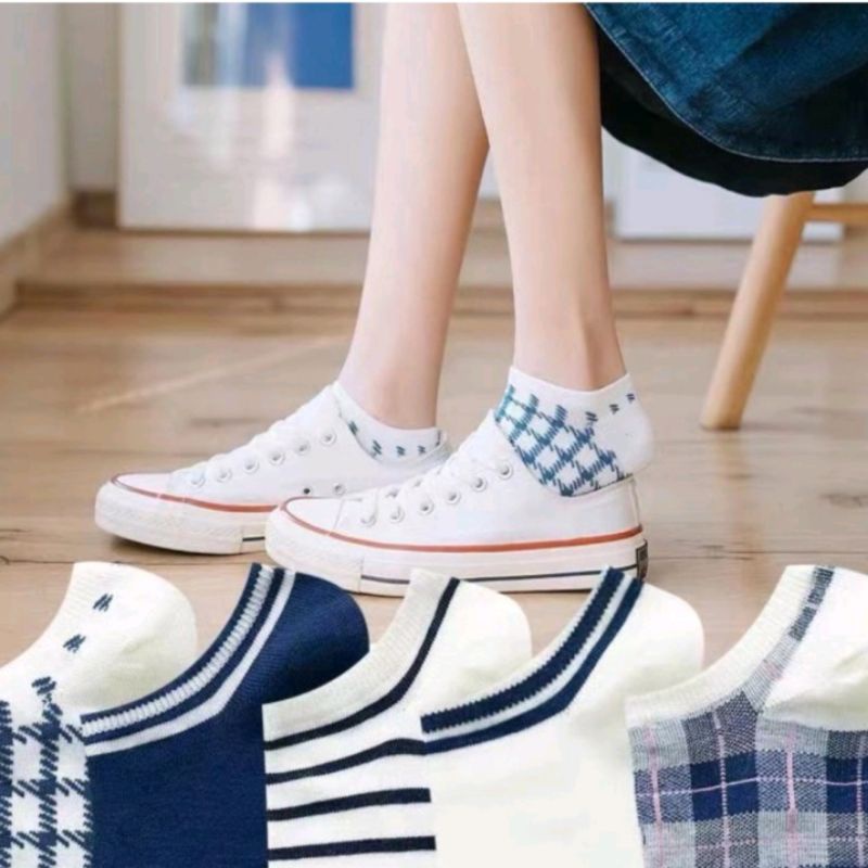 [ COD ] Kaos Kaki Wanita Pria Unisex Motif Garis Kotak Simple Polos Biru Dongker / Kaoskaki Wanita Pendek Semata Kaki / Kaos Kaki Korea Style-3