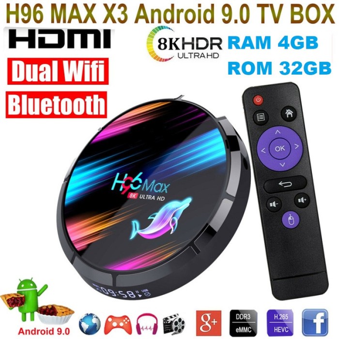 ANDROID TV BOX H96 MAX X3 RAM 4 ROM 32 ANDROID 9.0 S905X3 WIFI RECEIVER TV ANDROID