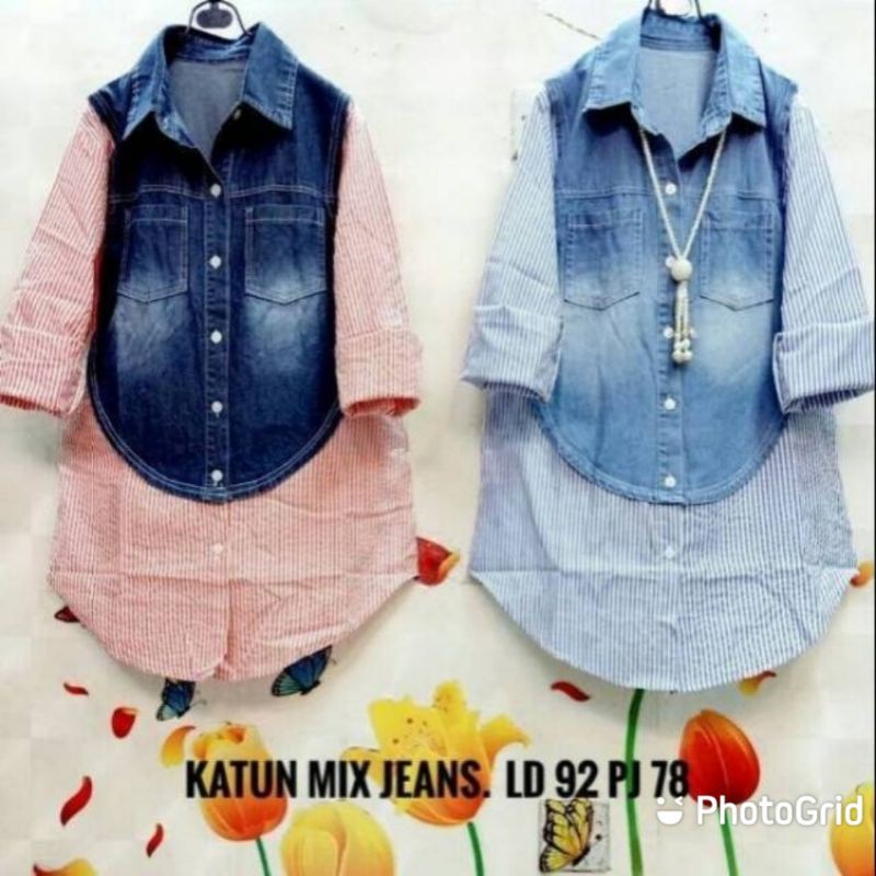 Kemeja salur mix jeans( Kemeja jeans kombinasi salur)