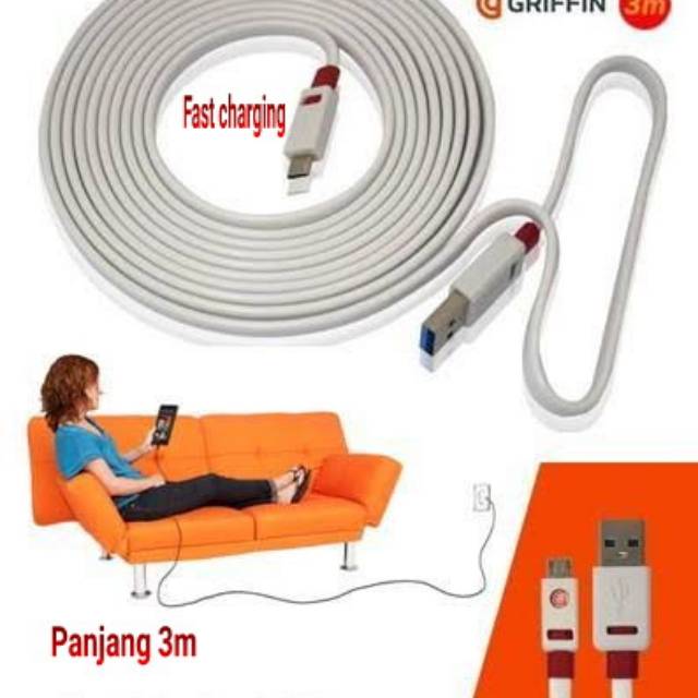 Griffin Flat Cable / Kabel Data Micro Usb 3 Meter / 3M
