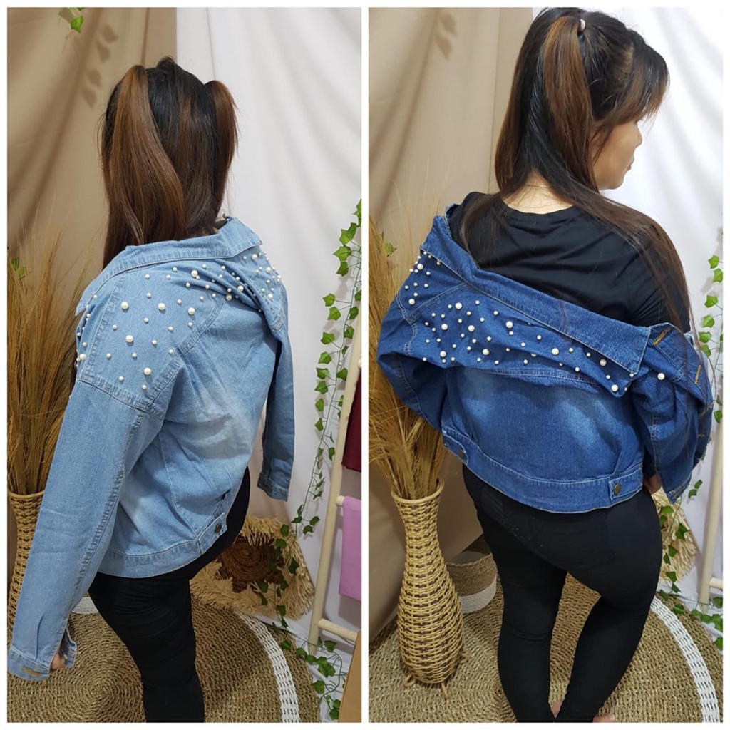 HOT PRODUCT COD - JAKET JEANS CROP KOMBINASI MUTIARA TEMBAK OVERSIZE CROP/JAKET JEANS WANITA / JAKET