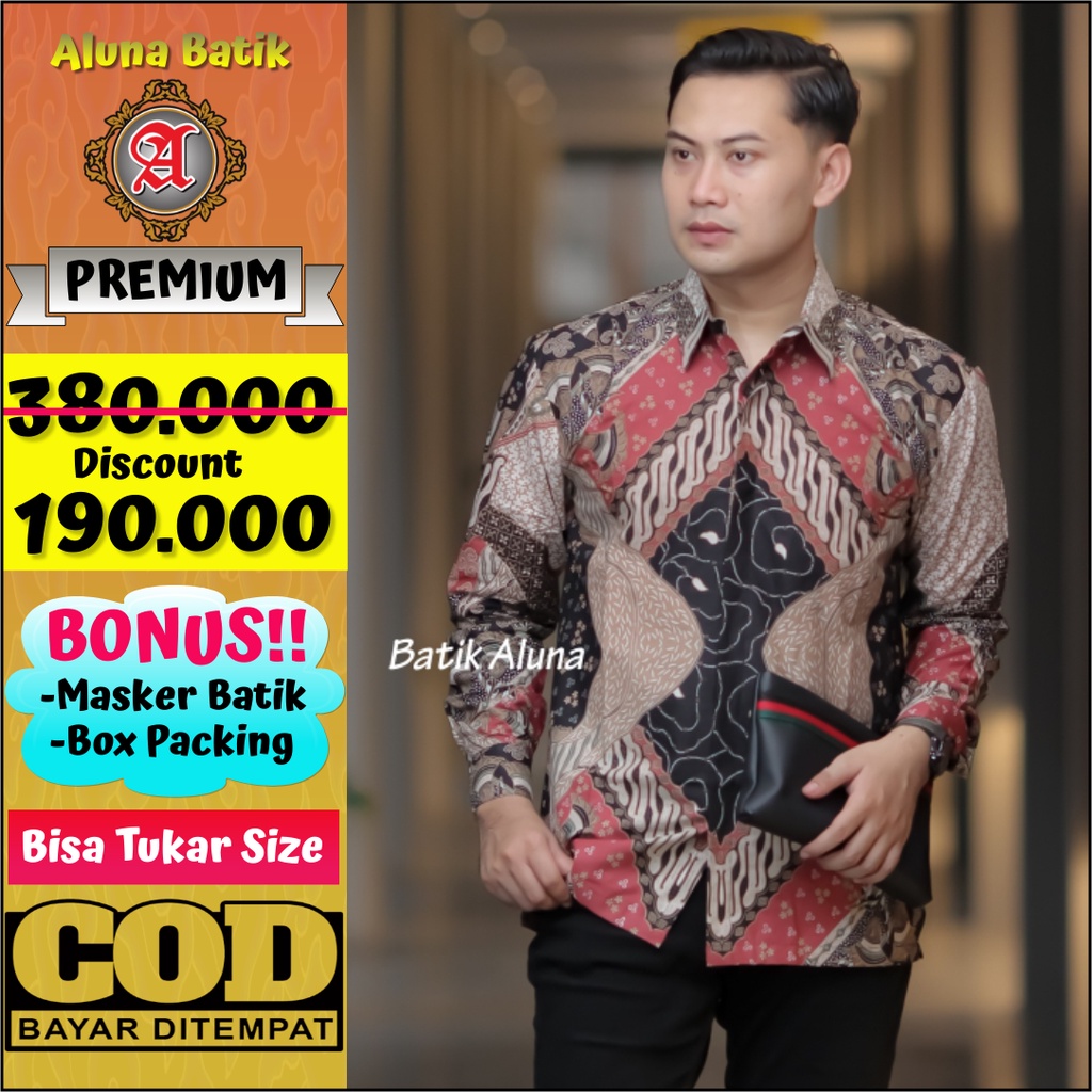 Batik Pria Lengan Panjang Premium Lapis Furing Baju Kemeja Batik Cowok Hem Pakaian Kerja Kantor Produsen Batik Aluna PCW 008