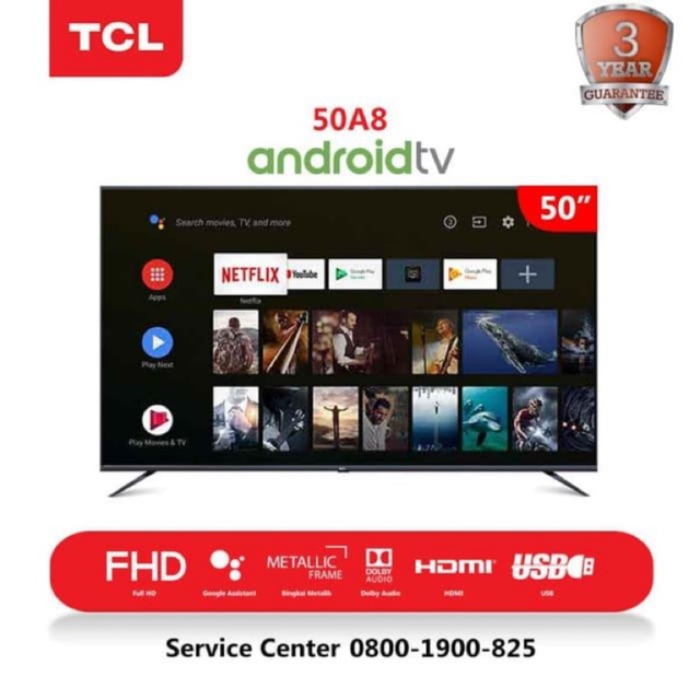 TCL LED TV 50 inch 50A8 SMART ANDROID 4K UHD NETFLIX HDR - RESMI 3 THN