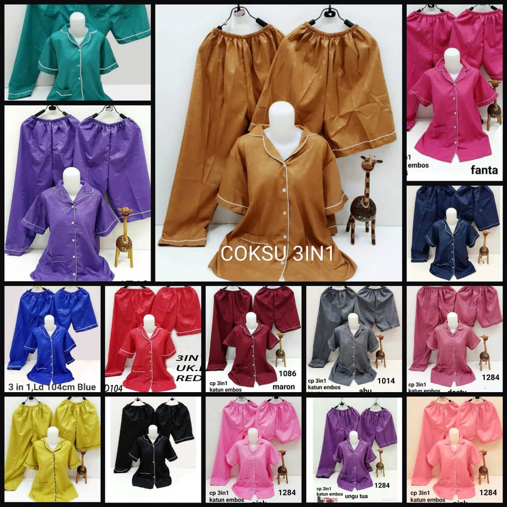 BJ - Piyama CP 3in1 Wanita Murah Dewasa Satin Embos