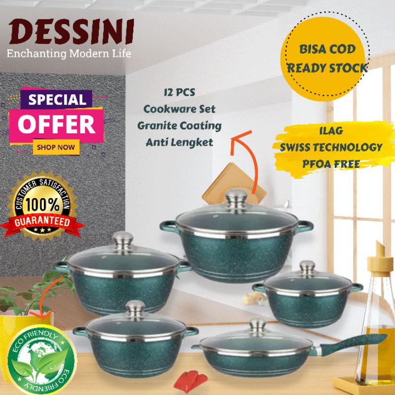 Dessini Panci Granite Coating Set Cookware 12 pcs Wokpan Anti Lengket Casserole Warna Ungu, Hijau Bo