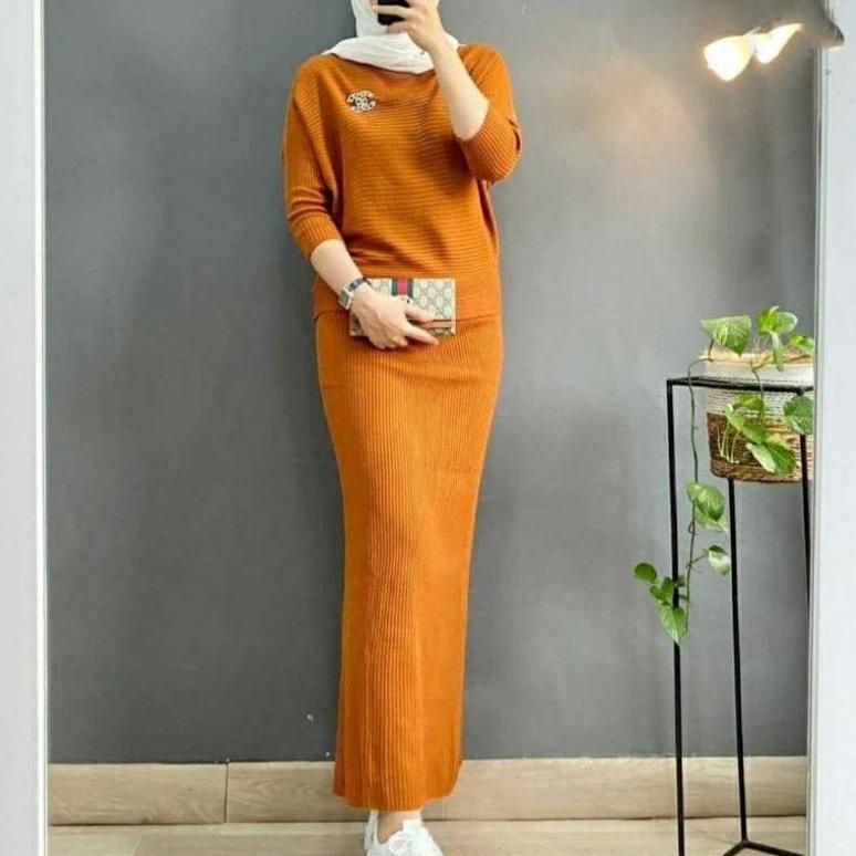 One Set |Stelan Rajut Wanita /Batwing + Rok Rajut Span /Atasan Dan Bawahan Rajut Wanita/Satu Set /Ba