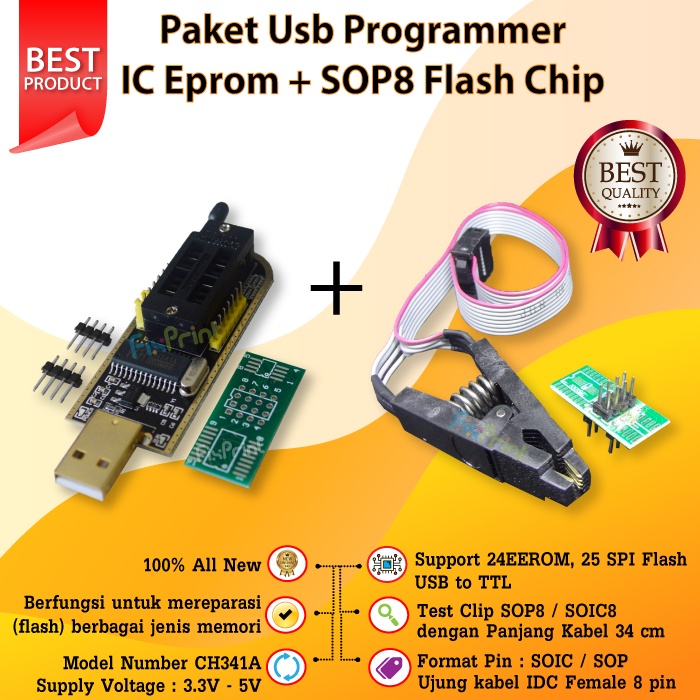 Satu Paket USB Programmer IC Eprom CH341A Module Flash + SOP8 Flash Chip USB EEPROM Writer 25 SPI