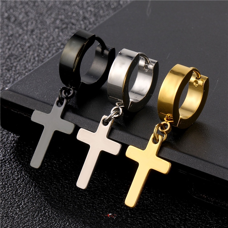 1 Pc Anting Stud Anti Pudar Bentuk Bulat Salib Bahan Titanium Gaya Hip Hop Punk Untuk Pria Dan Wanita