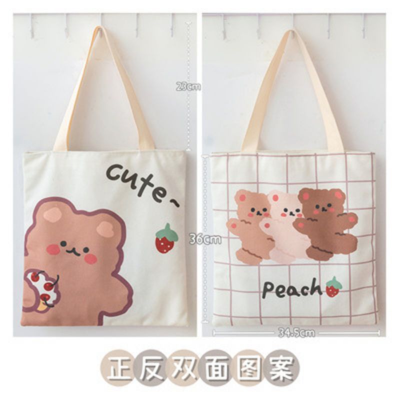 Tas canvas wanita motif beruang / Tas belanja wanita / Tas belanja kain