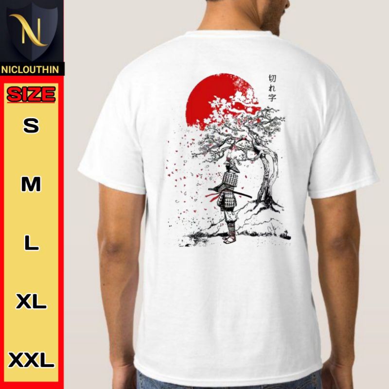 KAOS DISTRO PRIA WANITA POLOS TEMA TULISAN JEPANG SAMURAI SAKURA MURAH KEREN BAHAN COTTON COMBED 30S