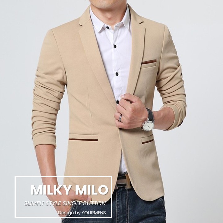 BLAZER PRIA SLIMFIT MODERN CASUAL MILKY MILO NIKAYU FULL FURING HIGH TWIST ORIGINAL NIKAYU