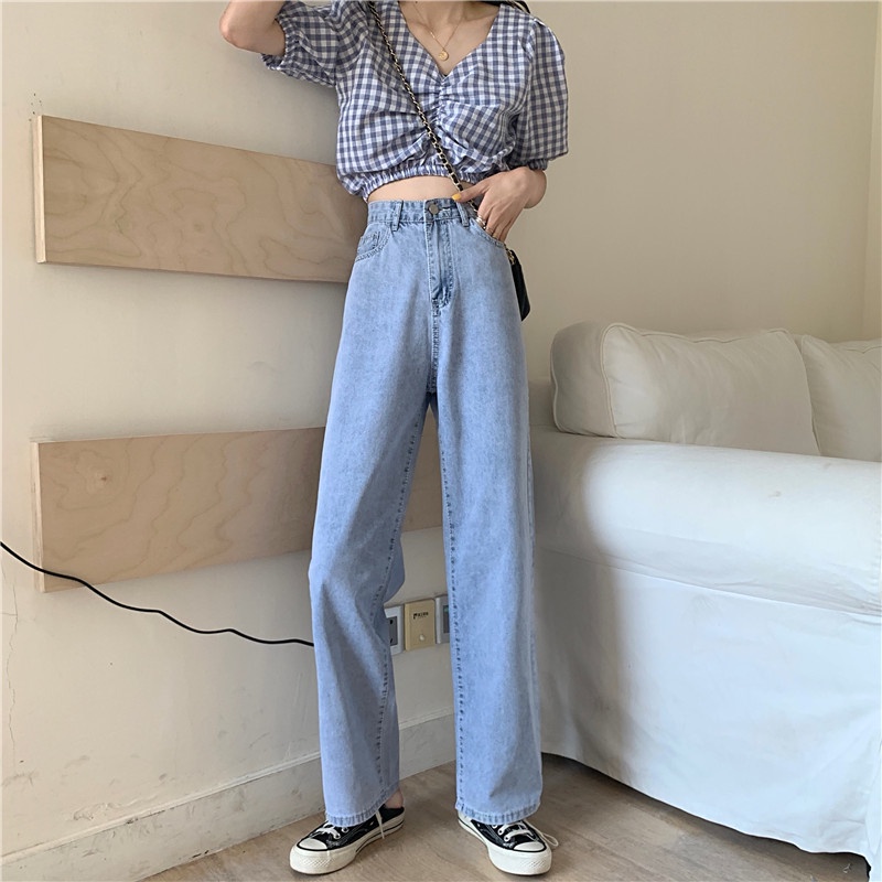 Jeans Wanita Loose High Waist Celana jins Korean Style Straight Pants