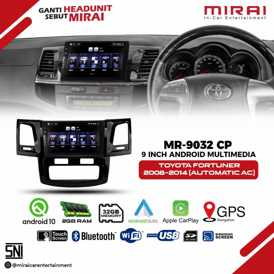 Headunit Android 9 inch Fortuner Matic 08-14 Mirai 9032