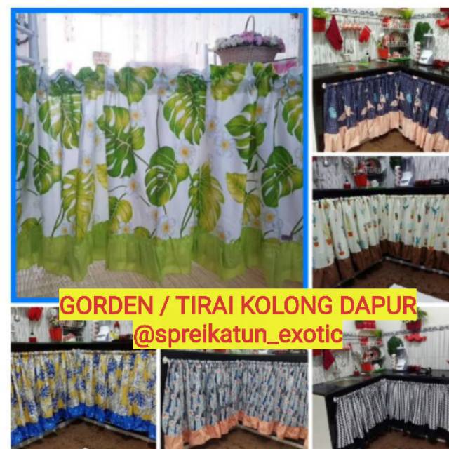 Gorden kolong dapur monstera amalfi poni rempel bawah| tirai kolong dapur bisa pilih motif