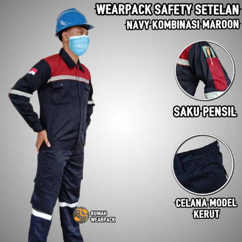 Wearpack Proyek dan Celana Kerja Setelan Navy Kombinasi Merah Maroon