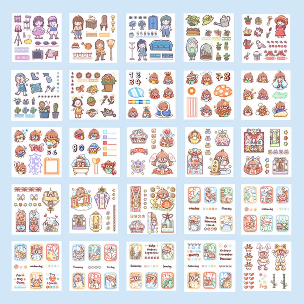 QUINTON 200 Sheets/Box Decorative Paper Stickers Happy Time Series Stationery Kawaii Sticker Set DIY Scrapbooking Cute Pink Cartoon Animals Waterproof Gift Box Diary Photos Albums Adhesive Decals