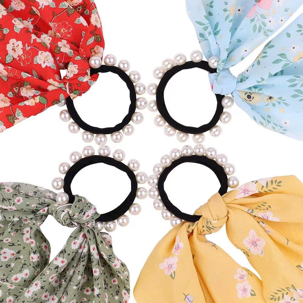 Ikat Rambut Mutiara Pita Satin Kuncir Korea Mutiara Scrunchie Jurai Panjang Pearl Silk Scarf Ribbon Hair Ring