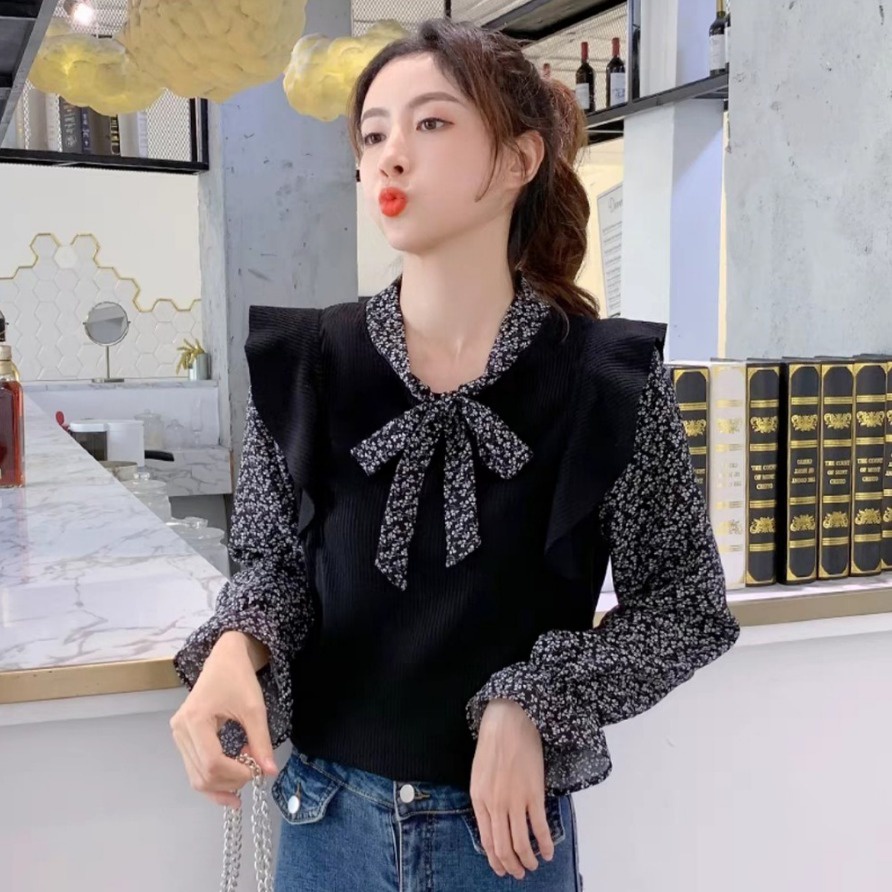 Belvy Tie Neck Knit Top | Belvy Combine Crop Top Wanita Korean Style