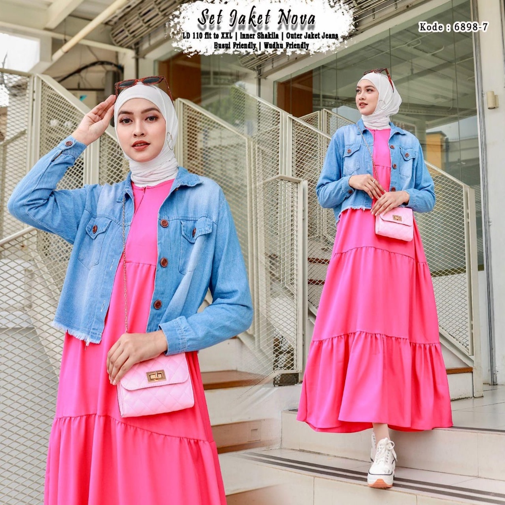 Set Jaket Nova maxy shakila import+jaket jeans wash stelan muslim wanita