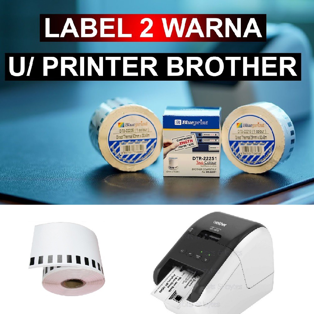 Sticker Label 22251 Blueprint 62mm x 15m Stiker Roll Continuous Thermal 2 Warna for Brother