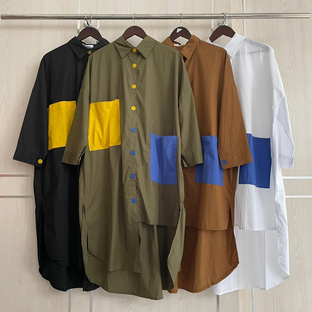 TUNIK KEMEJA KANTONG KUNING BIRU KATUN IMPORT