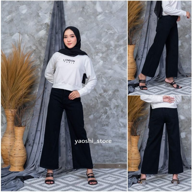 YAOSHI STORE - Celana Highwaist Kulot Jeans Wanita - Boyfriend Kulot Polos Basic Standar