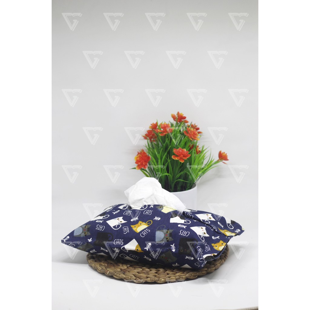 Tempat Tisu -Sarung Tisu - Cover Tissue - Box Tisu Kanvas - Wadah Tisu Motif KUCING NAVY