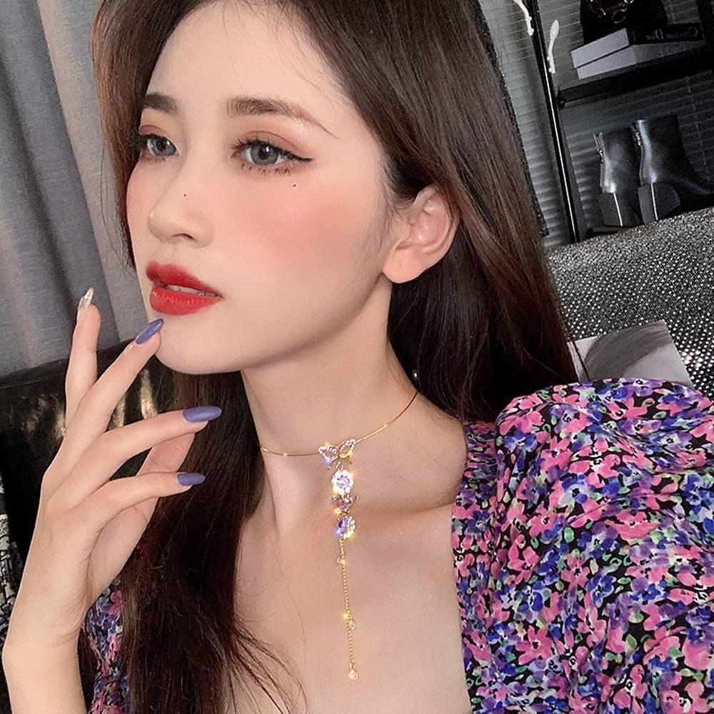 Needway  Fashion Butterfly Choker Women Purple Crystal Flower Necklace New Tassel Fashion Jewelry Chain Choker Rhinestone Girls Pearl/Multicolor
