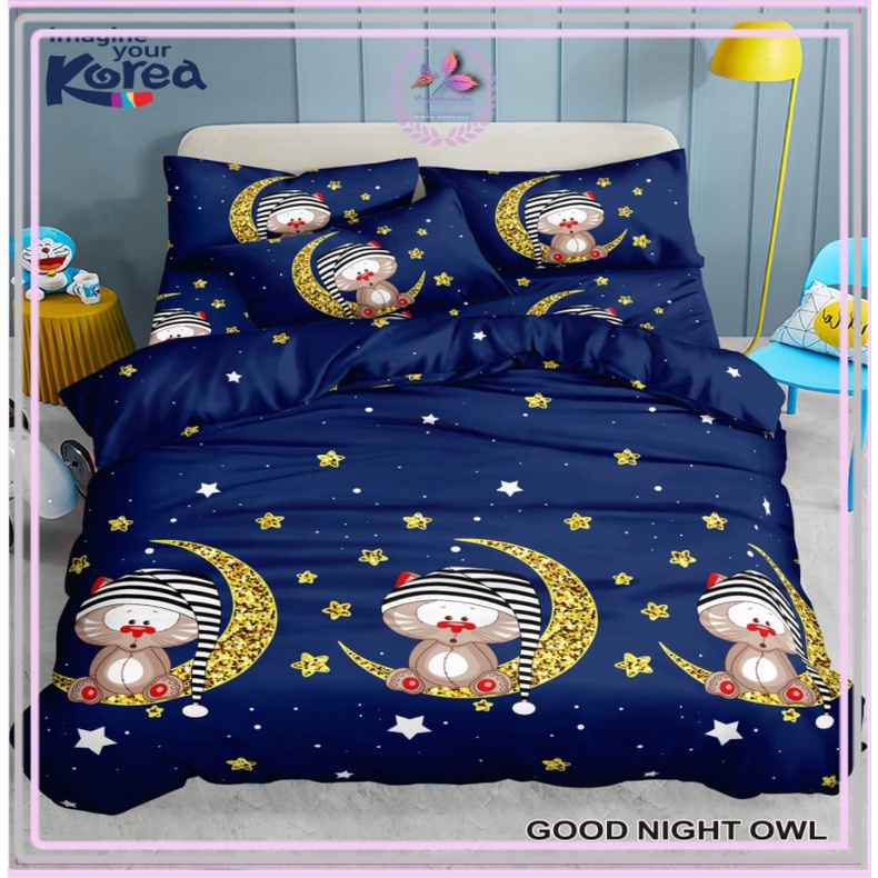 Bedcover Set Motif OWL Night Sprei Sarung Bantal Sarung Guling Ukuran Single 120x200/Queen 160x200/K