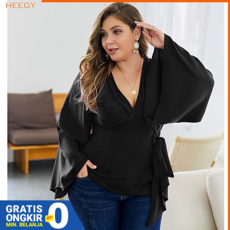 Blouse Jumbo V-Neck Lengan Setengah Ruffle XL, 2XL, 3XL, 4XL - Atasan Big size Wanita