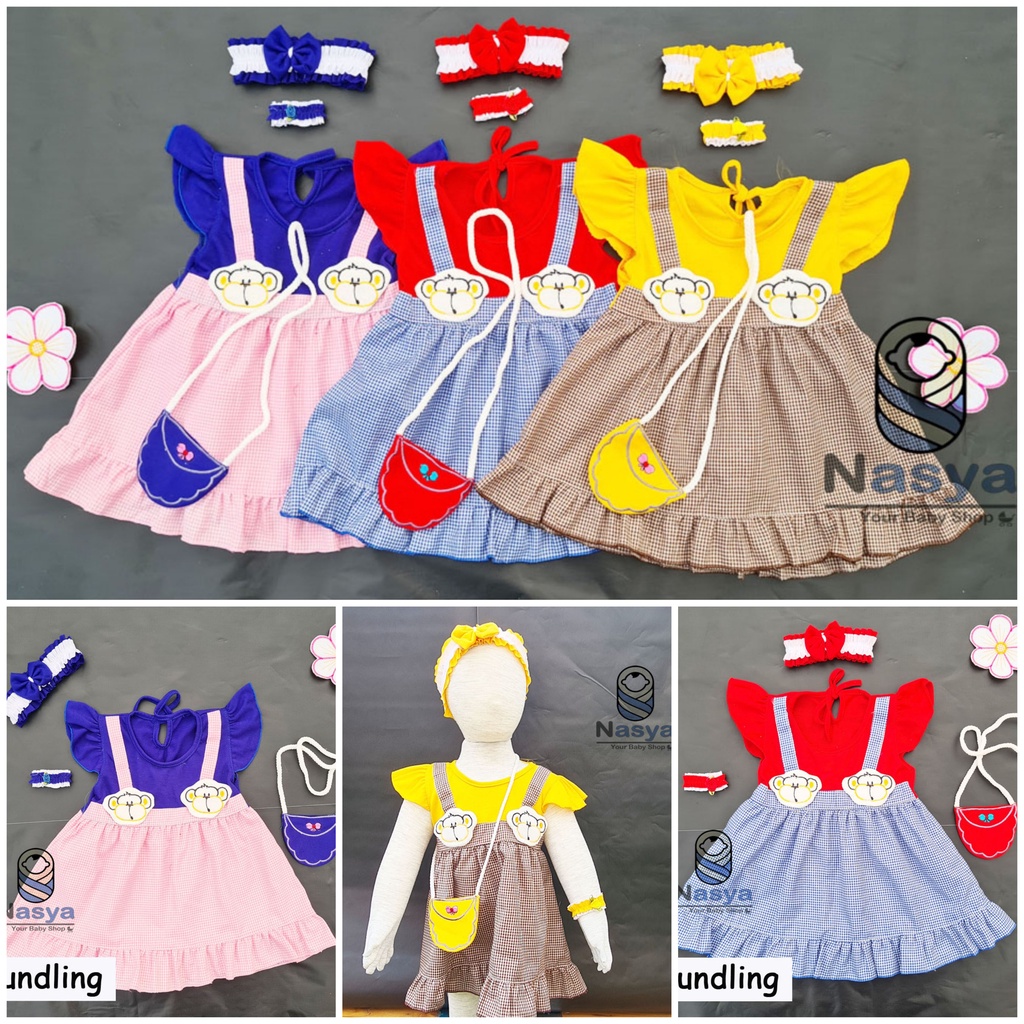 [P-015B] Dress bayi umur 0-6 bulan motif monyet Full Set Bandana, Gelang dan Tas