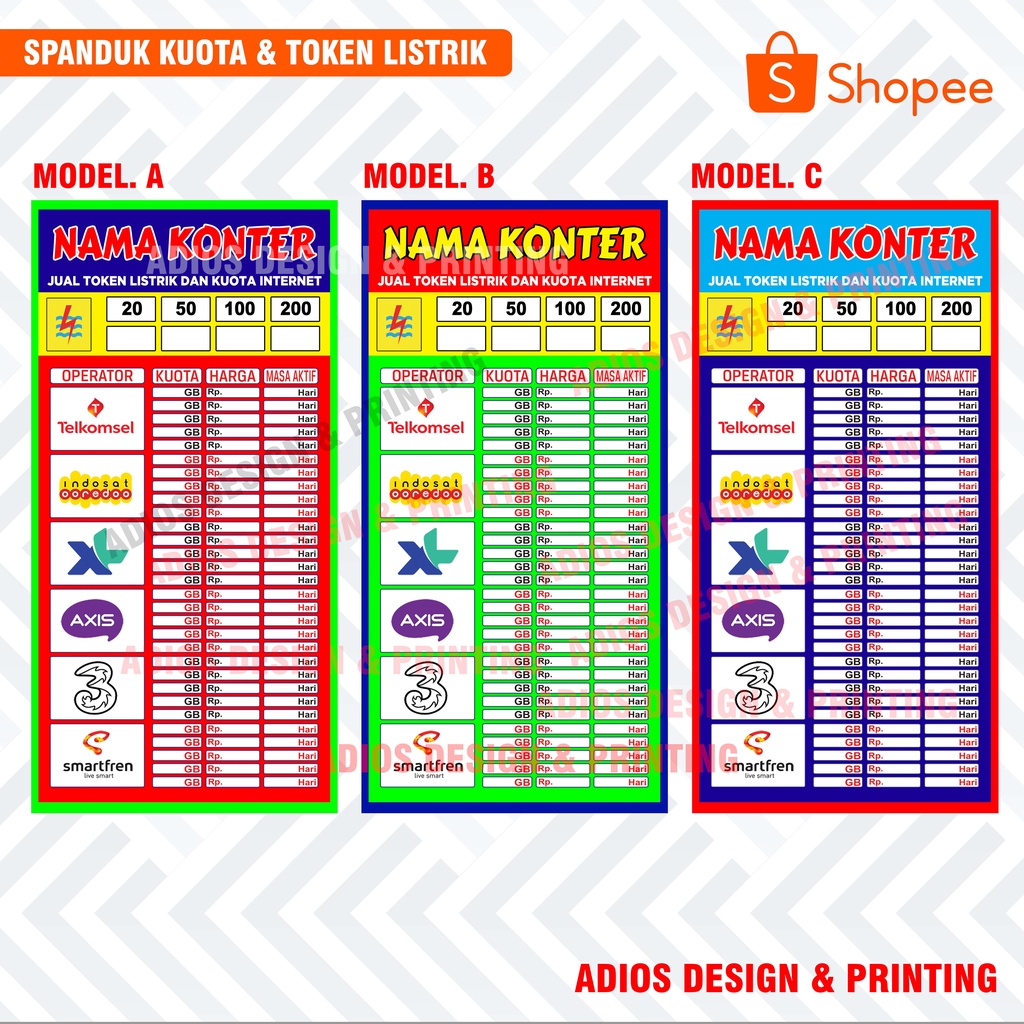 Jual Spanduk Pulsa Banner Tabel Harga Kuota Dan Token Listrik Shopee Indonesia 2201
