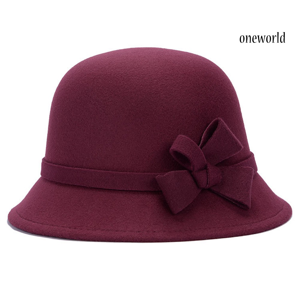 Oneworld Topi Bucket Wanita Bahan Wol Imitasi Aksen Pita Warna Polos Gaya Vintage Untuk Musim Gugur