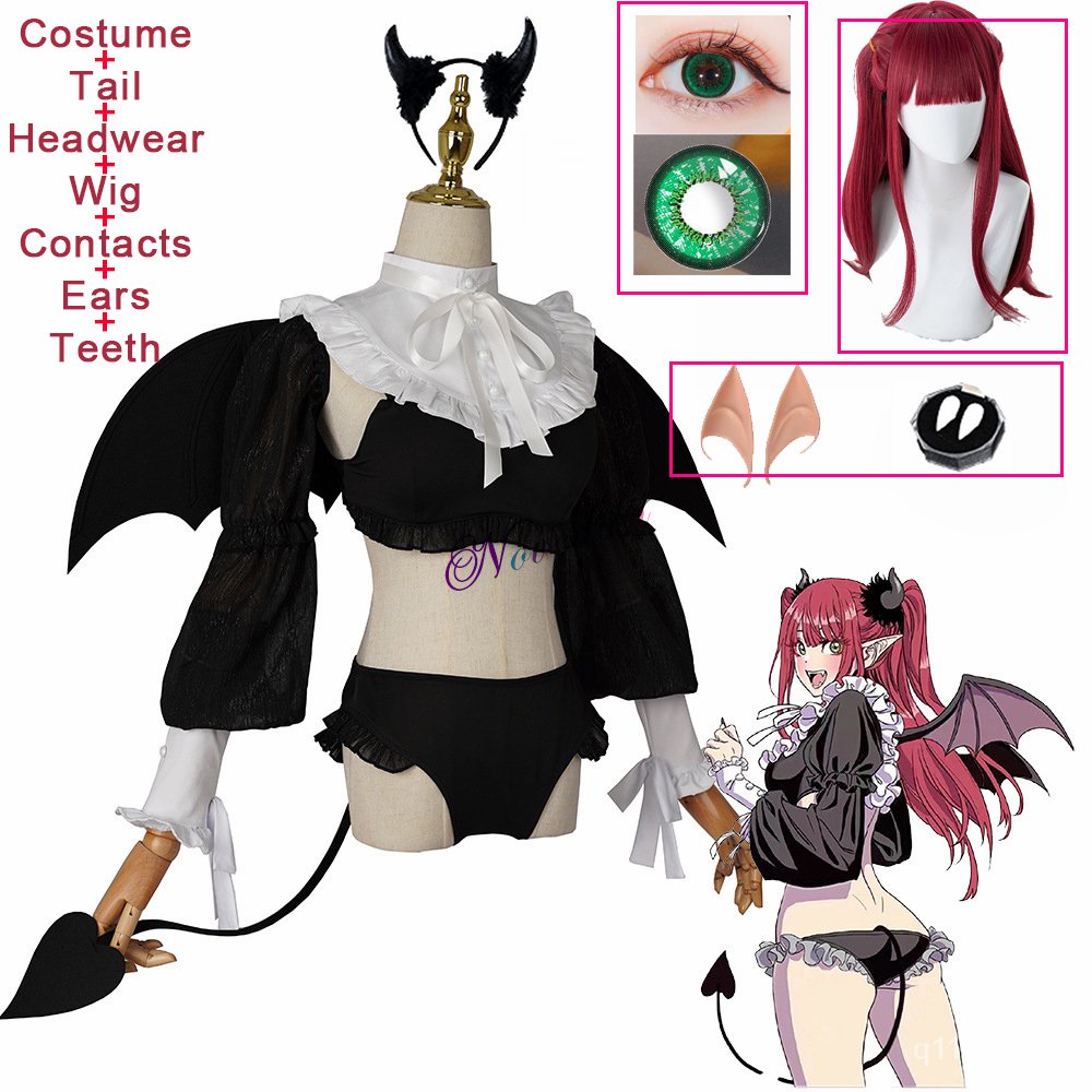 Anime My Dress Up Darling Rizu Kyun Marin Kitagawa Cosplay Costume Wig Wings Tails Devil Horns Ears