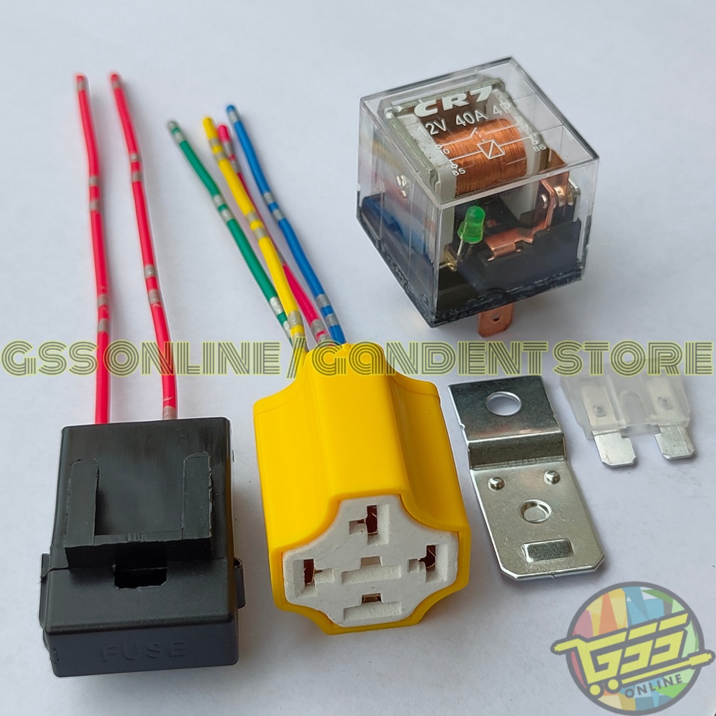 Paket lengkap Relay CR7 SHINAGAWA original 12v 30a 80a kaki 4 socket relay KERAMIK kaki 4 dan rumah sekring kabel kecil