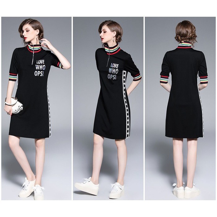 [baju wanita korea]  Sporty Mini Dress Turtle Neck Wanita Korea Import Hitam Black
