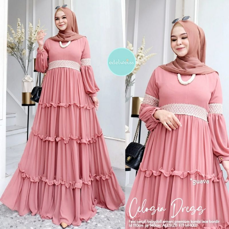 gamis ceruty babydoll mix renda dress pesta kondangan muslim gamis lebaran celosia