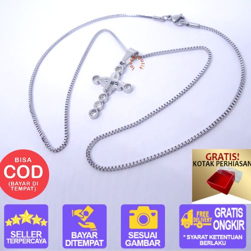 PROMO GRATIS KOTAK PERHIASAN - Kalung Titanium  Anti Karat Wanita Pria Kalung Salib Bling Bling New - Lovelybutik