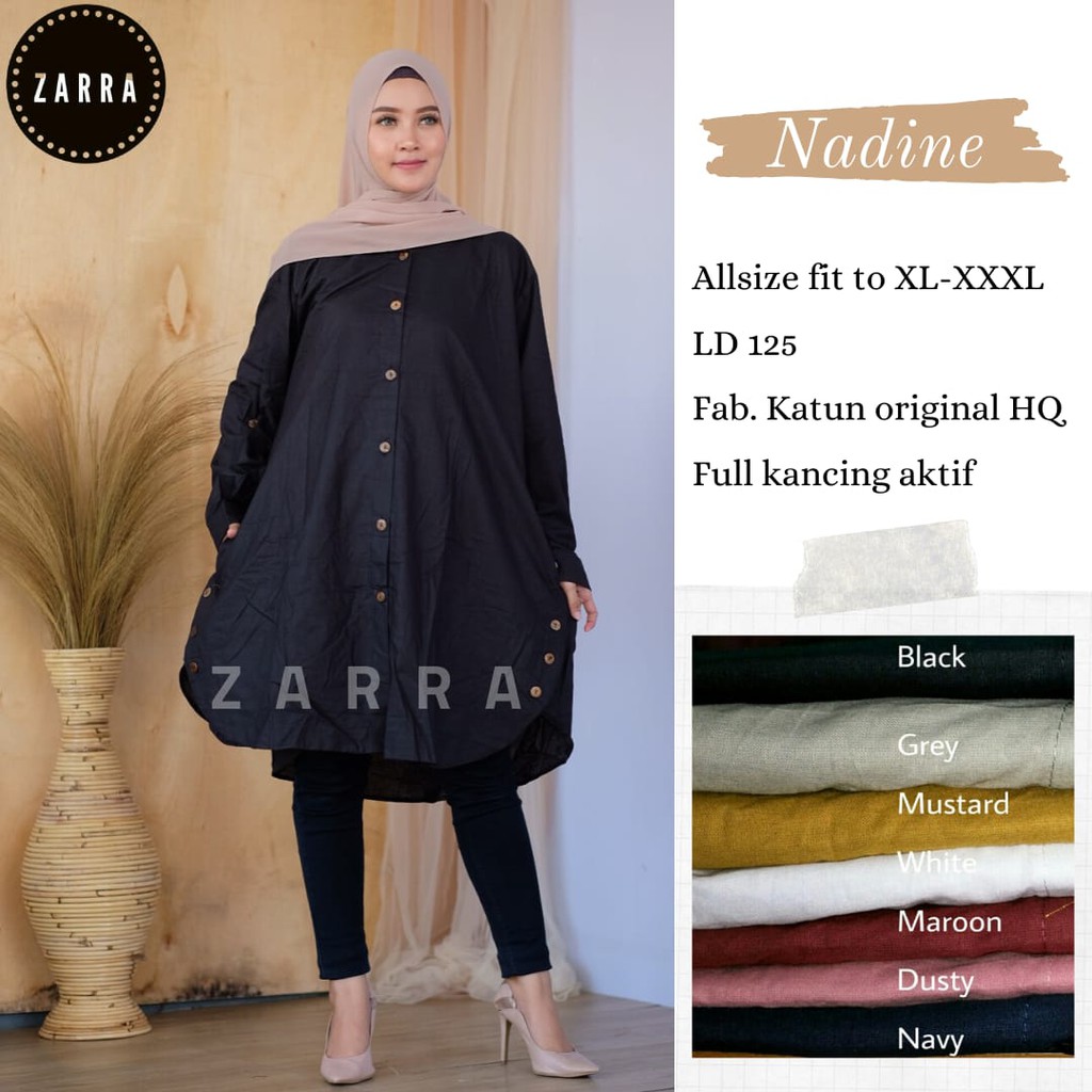 realpict tunik jumbo ld 125 katun big size polos lengan panjang kancing depan putih hitam atasan