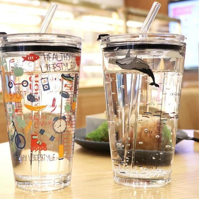 Tumbler Gelas Kaca Motif Animal + Sedotan kaca Ware Cup 450ml / Gelas Beling H482