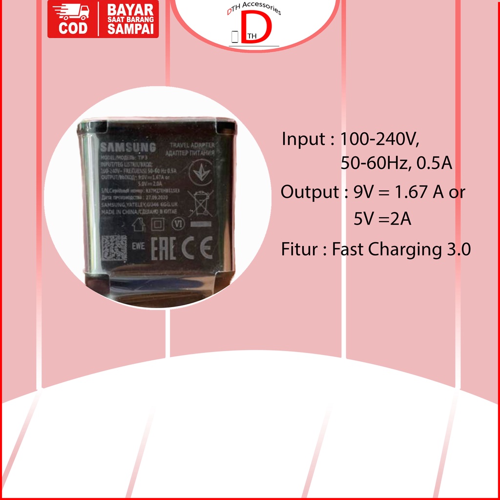 Charger Samsung Original Type C 15 Watt A02s, A03s, A04, A04e, A04s, A11, A12, A12 Nacho, A13, A13 5G, A14 5G, A20, A20e, A20s, A21, A21s, A22, A22 5G, A3 2017, A30, A30s, A31, A32, A32 5G, A40, A41, A42 5G, A50, A50s, A51, A51 5G, A7 2017, M04, M13