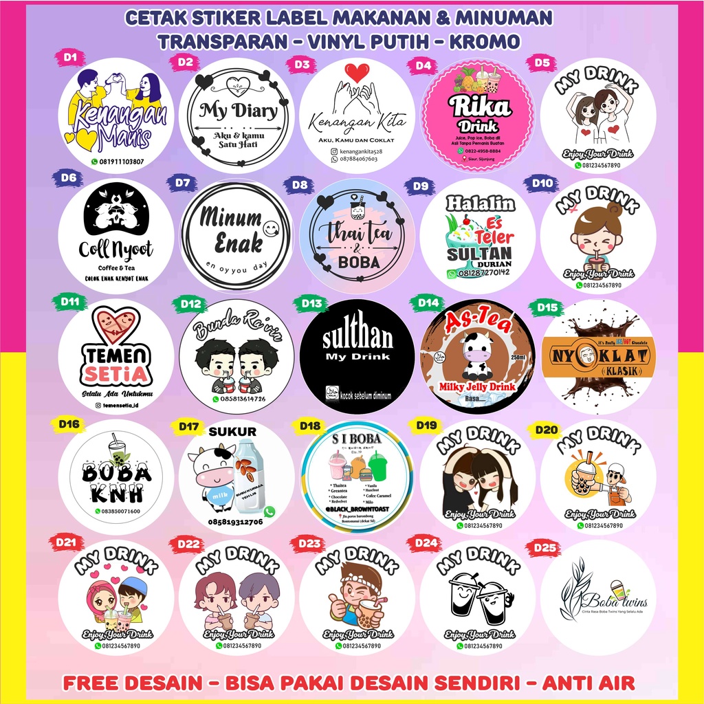 

Cetak Stiker Vinyl Transparan A3+ label minuman makanan anti air plus cutting