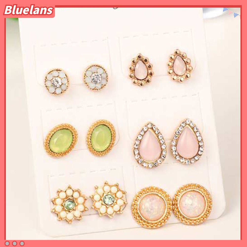 6 Pasang Anting Stud Opal Berlian Imitasi Bentuk Tetesan Air Bunga Untuk Wanita