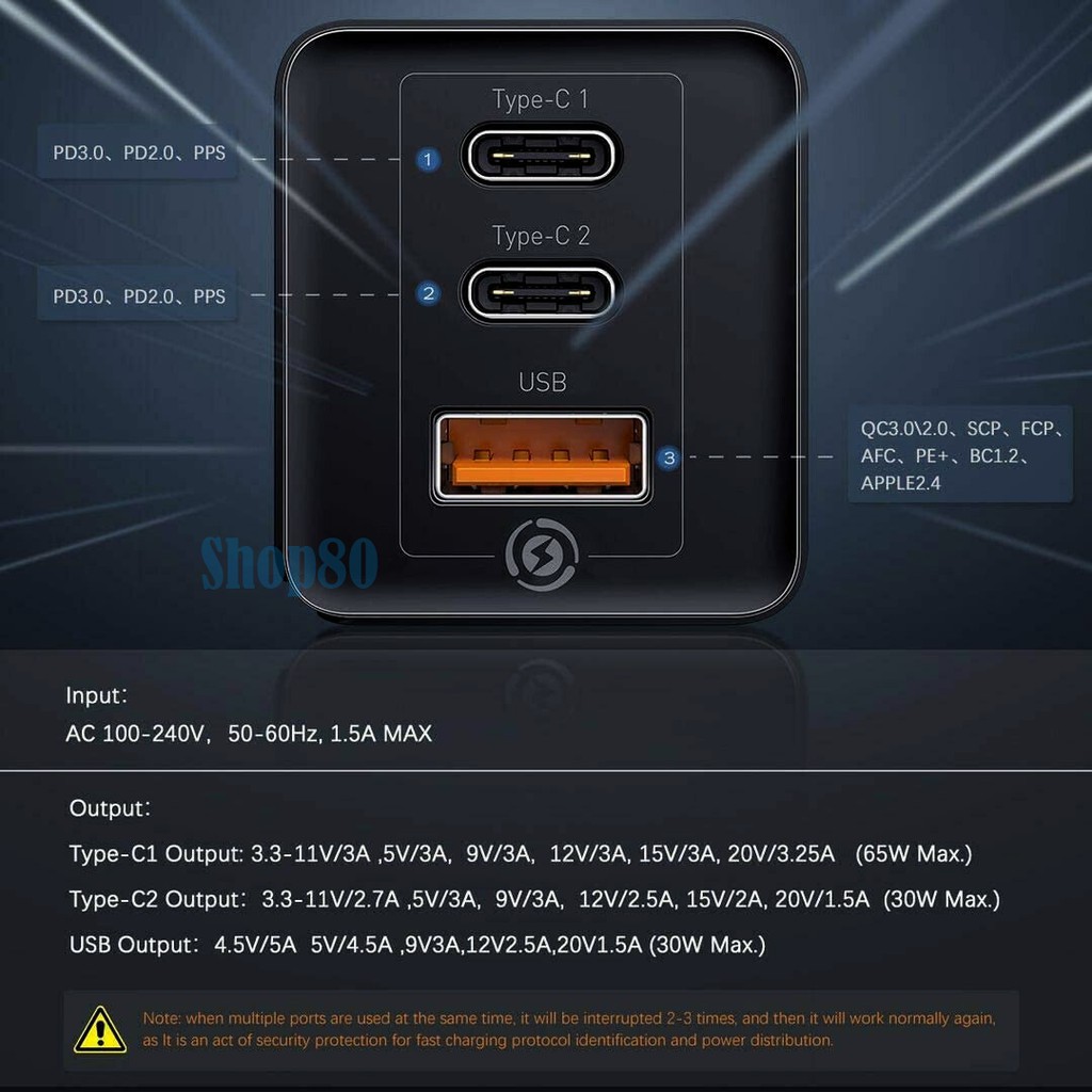 Baseus Adaptor 65W Dual 2 Type C USB GaN Pro PPS PD QC 3.0 Adapter Charger Fast Charge Charging