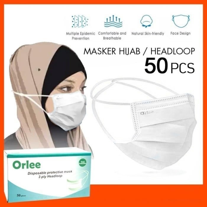 Masker Orlee Headloop 3ply Hijab Disposable Mask Isi 50 Pcs