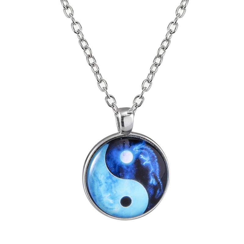 Chinese Feng Shui Bagua Yin Yang Tai Chi Pendant Necklace Flower Butterfly Glass Cabochon Charm Chain Necklace Jewelry|Pendant Necklaces