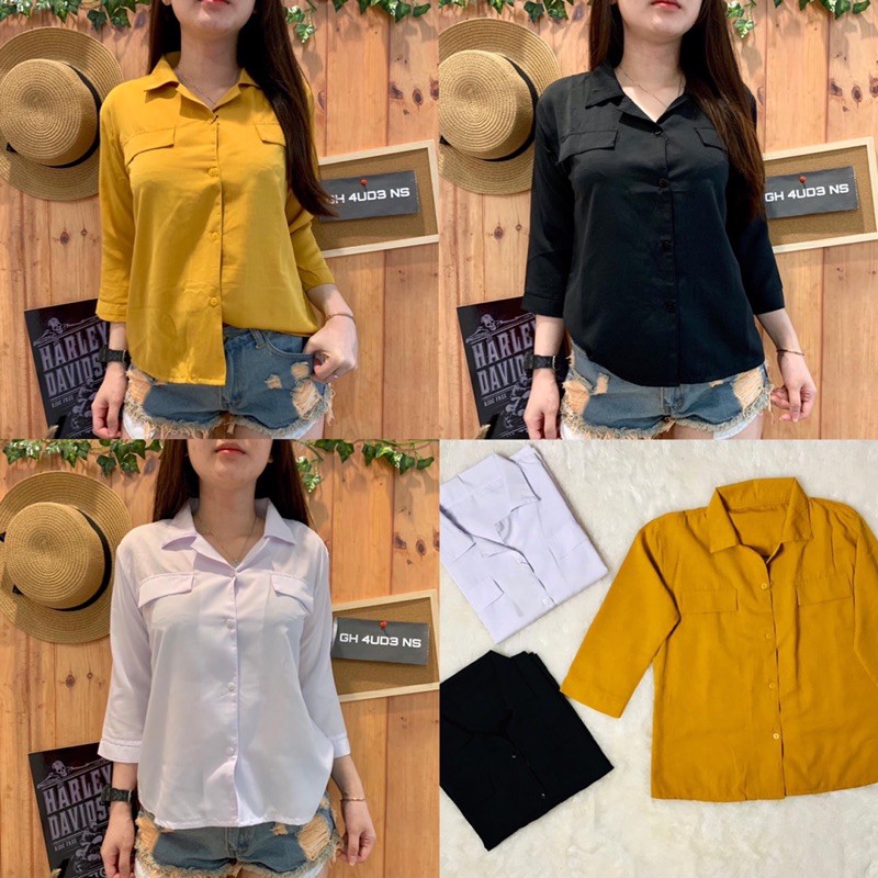 KEMEJA WANITA POLOS POCKET LENGAN 3/4 1242