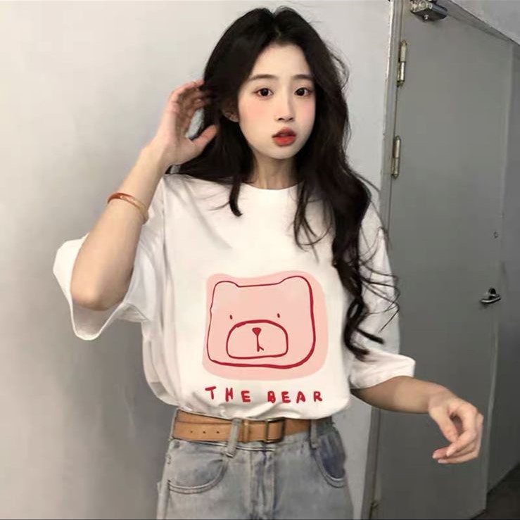 THISTLE - Oversize Tee Tshirt Wanita Model Longgar Motif The Bear Pink 2