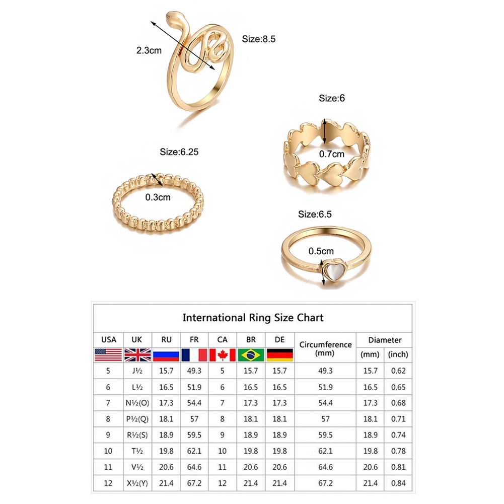 4pcs / Set Cincin Rantai Tebal Bentuk Hati Model Terbuka Dapat Disesuaikan Bahan Logam Gaya Boho Punk Hip Hop Untuk Wanita